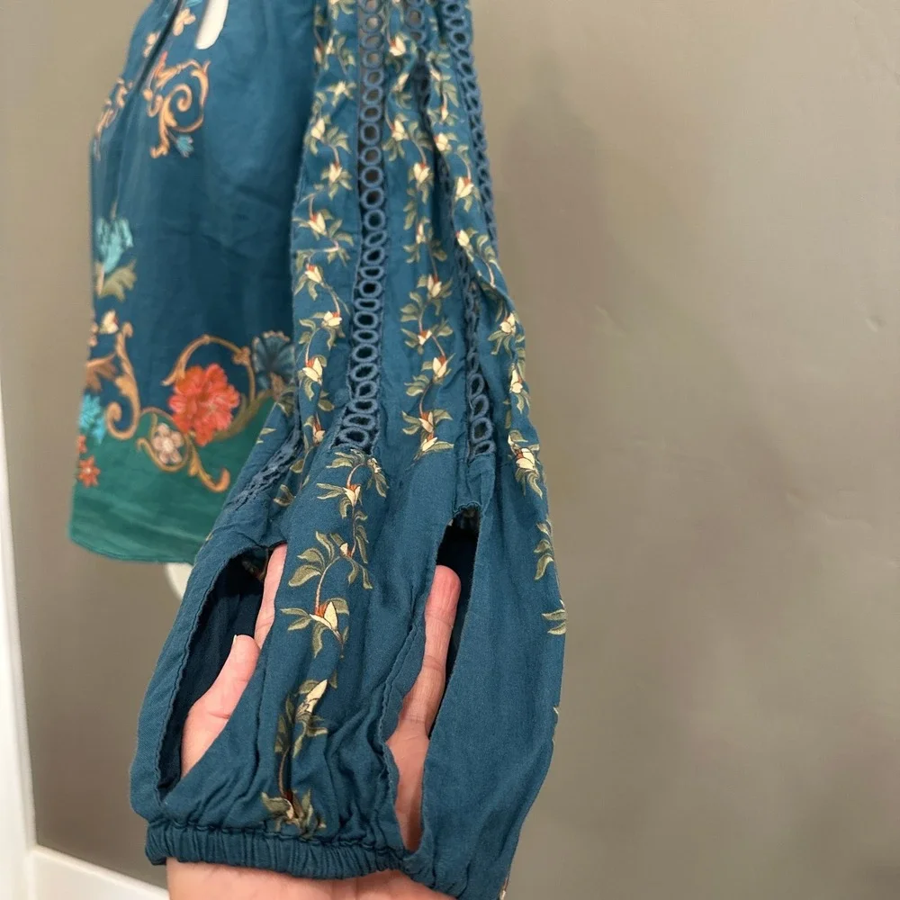 Farm Rio Cutout Blouse M Teal Blue Cutout Boho Peasant Anthropologie Romantic